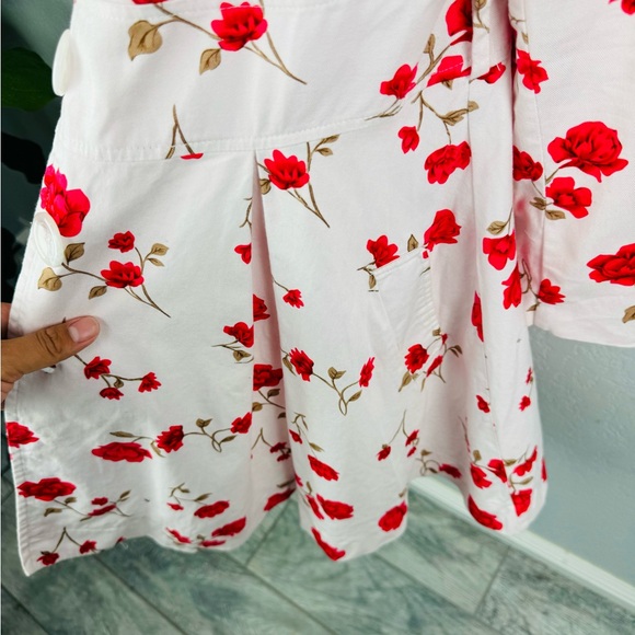 New Red Pink Roses Floral Red and White Fit & Flare Princess Pea Coat - Picture 10 of 11